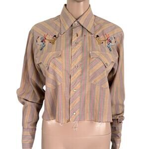 Vintage 70s Team Tex Western Striped Cropped Shirt Embroidered Novelty S Snap